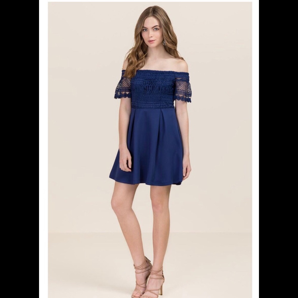 Francesca’s Sandra Lace Off Shoulder Dress Navy